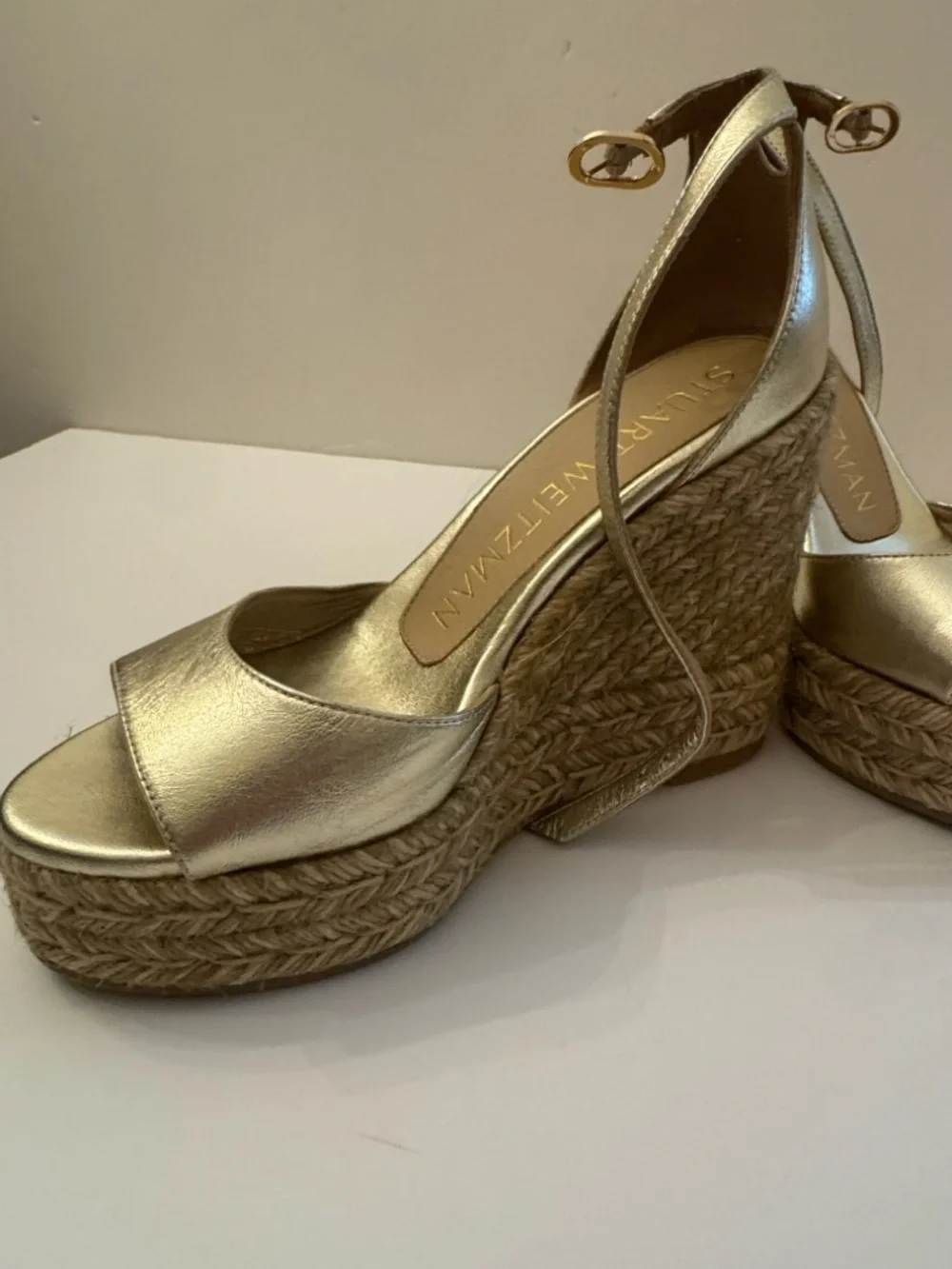 Stuart Weitzman Nudistcurve Metallic Gold Espadrille Wedge Sandals w/Ankle Strap - Picture 6 of 16